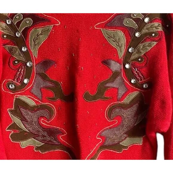 Giancarlo Ferranti Red Silk Angora Sweater Leather Applique Gems Vtg Women M - Picture 4 of 10